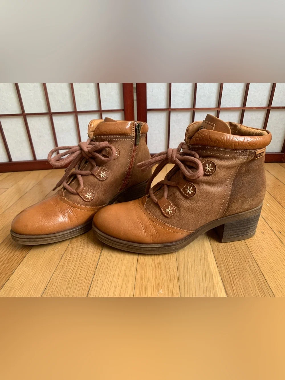 EUC PIKOLINO LYON Carmel/Brown Leather Lace-Up Side-Zip Ankle Boots Size 38/7.5